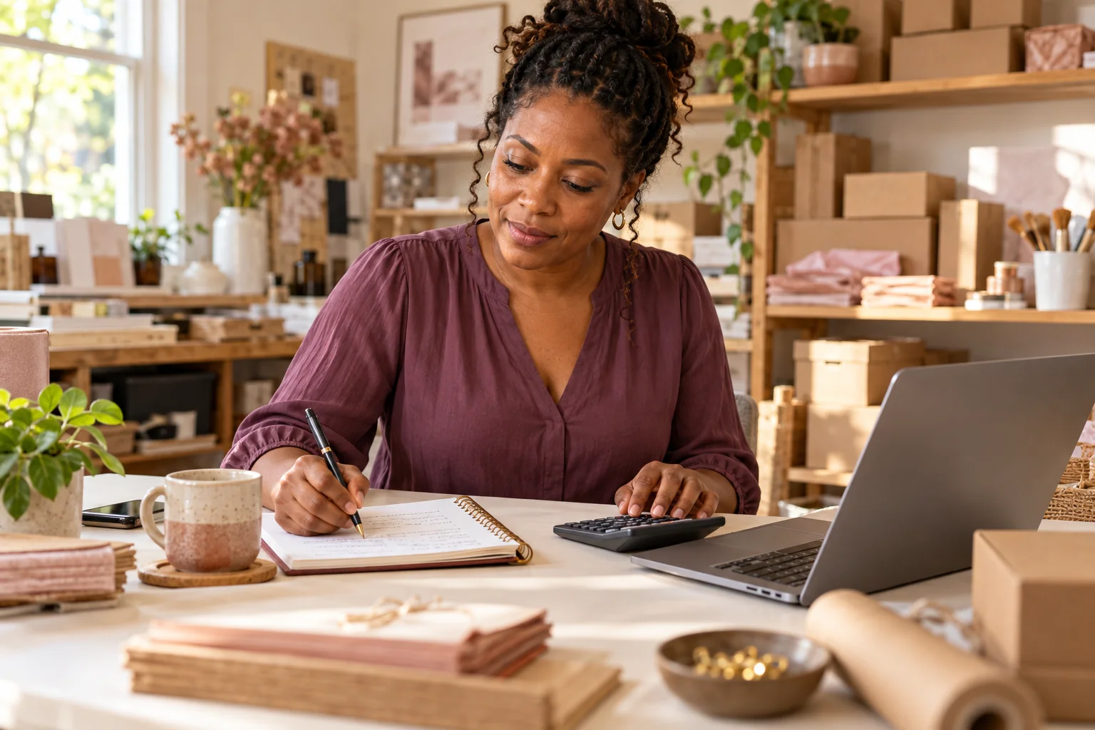 Woman thoughtfully planning her small business at a home workspace