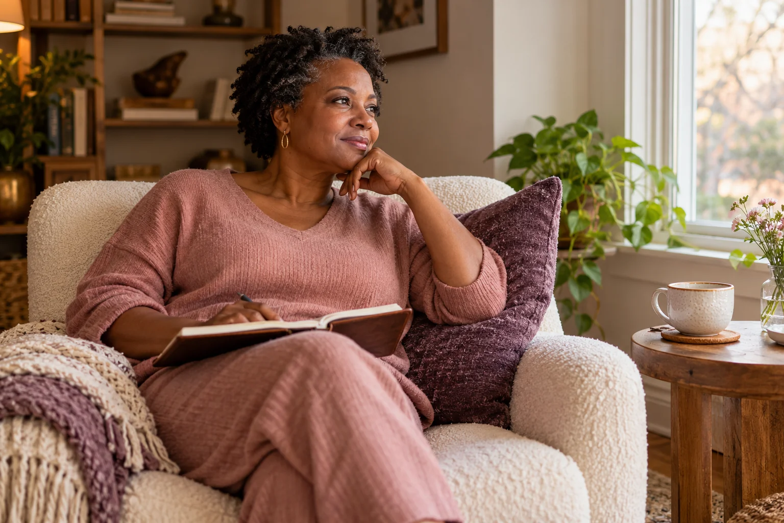 Woman taking a peaceful moment to reflect with her journal at home