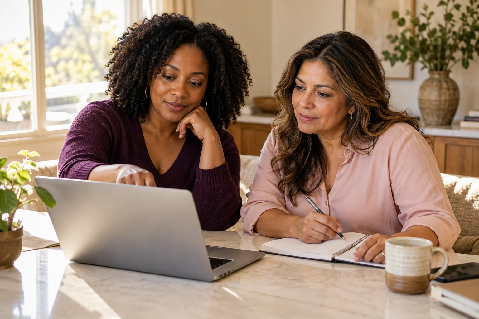 Two women learning technology skills together with a laptop and notebook